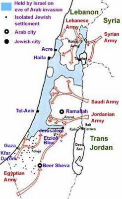 Tato mapka ukazuje, jak se arabské armády opřely do svého protivníka, nového státu Izrael.