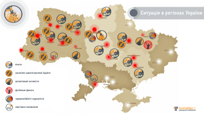  Ukrajinská revoluce - mapa situace večer 19.2.2014