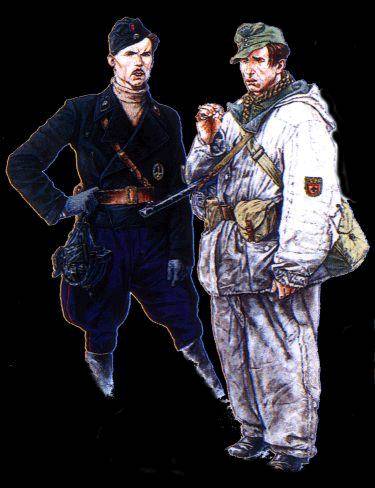 Tankista a voják ROA
Tankista má blůzu tankových vojsk Wehrmacht a ruské kalhoty, na čepici lebku a kokardu ROA. Na hrudi má vyznamenání â€žZa boj s partyzányâ€œ. Voják ROA má kamuflážní kombinézu z roku 1943 se znakem Wehrmacht. U obou je na levém rukávu znak RONA.
Klíčová slova: roa vojaci