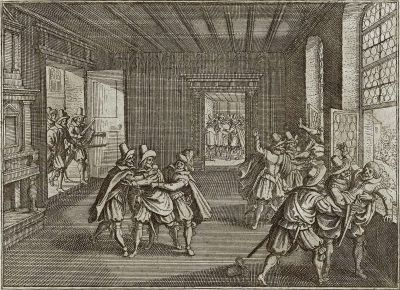 Pražská defenestrace v roce 1618, stojící na počátku třicetileté války, mědirytina z Theatrum Europaeum
